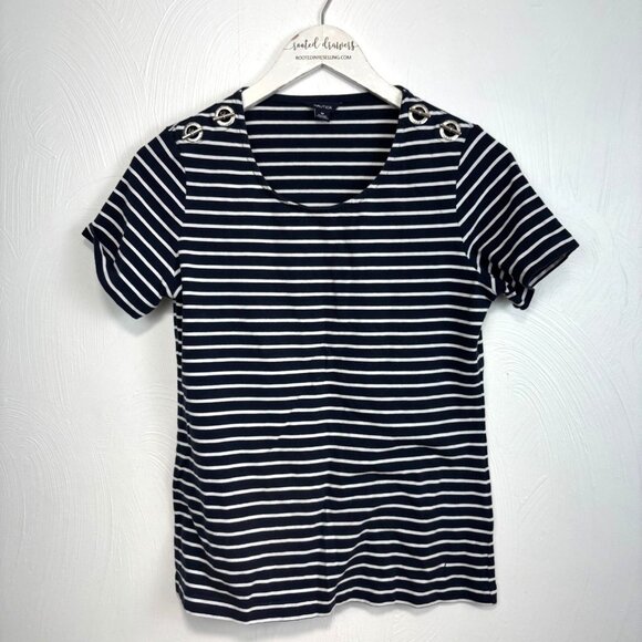 Nautica Striped T-Shirt Navy Blue White Short Sleeve Pullover Casual Grommets M - Picture 1 of 4